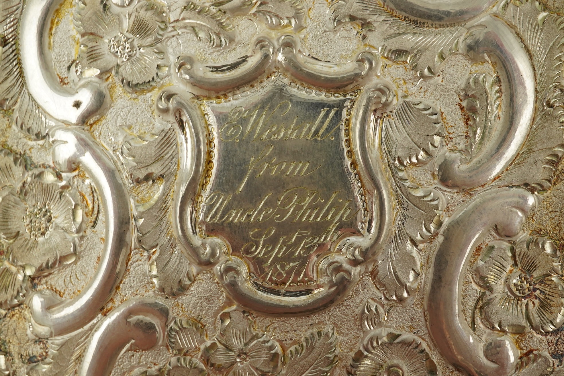 A Victorian silver 'castle top' card case by Hilliard & Thomason?